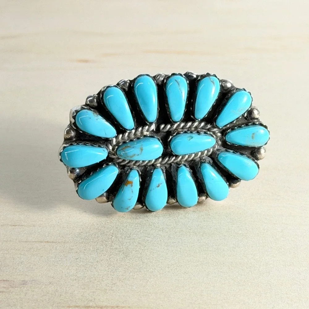 Navajo Turquoise Cluster Ring Rosanna Williams Signed Sterling Silver Southwest